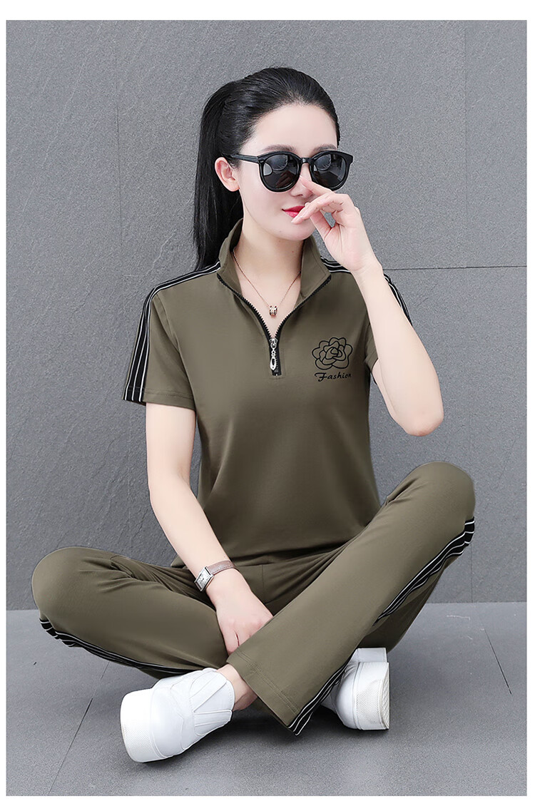 Woodpecker Zipper Sportswear Set for Women Summer Thin Cotton Middle-aged Fashion Casual Stand Collar Two-piece Khaki 2XL 17