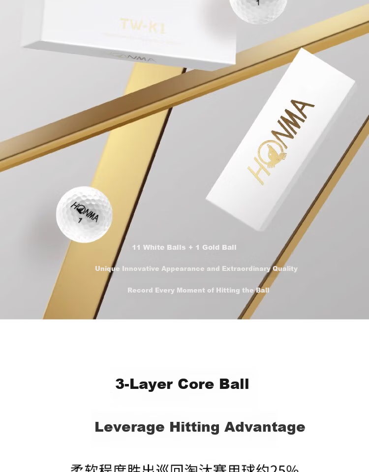 HONMA TW-K1 Golf Three-Layer Balls for Competition Practice, High Control, 11 White Balls And 1 Gold Ball 3