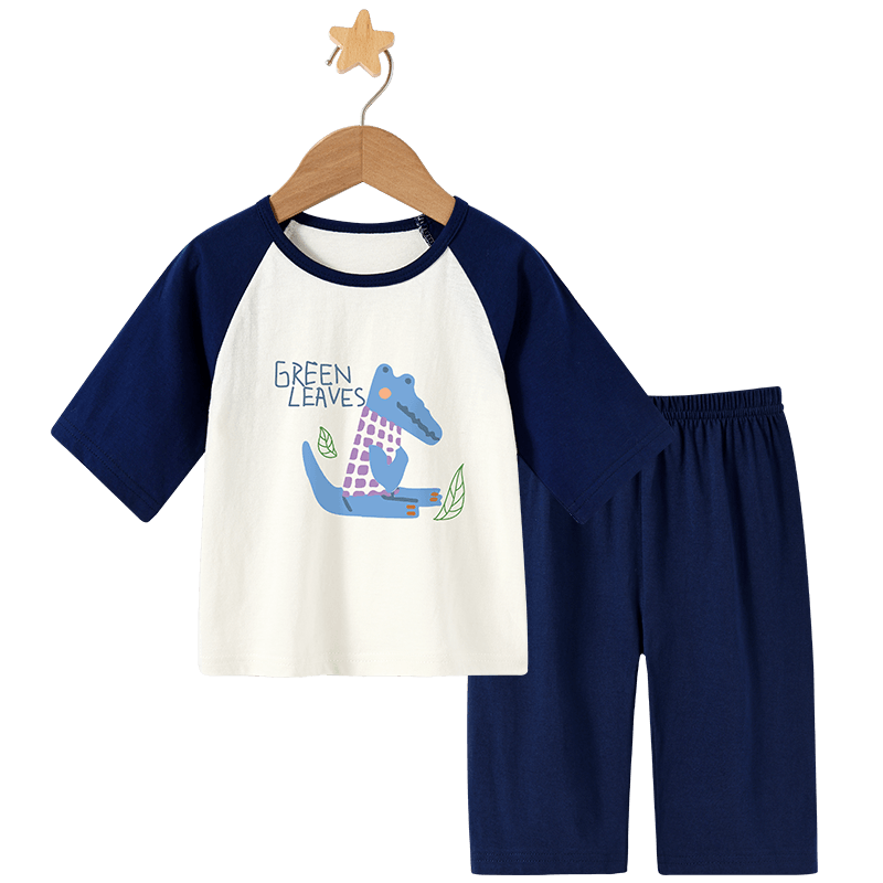 Badibadi Pure Cotton Infant And Toddler Short-Sleeve Shorts Pajama Set Air Conditioning Wear, Blue Leaf Crocodile, Size 100