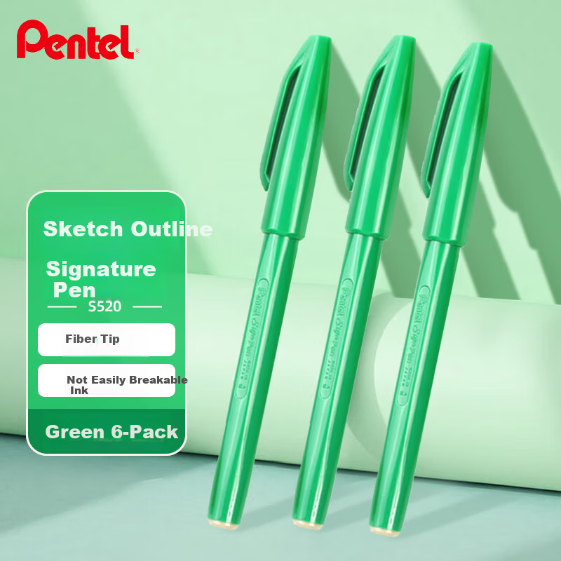 Pentel S520 Green Fine Line Markers, Sketching Pens for Drawing Comics And Hand-Drawn Art, Design And Composition Tools, Stylish Note-Taking Pens, Set of 6