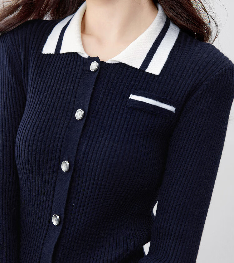 Sentubila Wool-Blend College Style Knit Sweater Women Autumn Colorblock Striped Polo Collar Hollow Out Split Slim Top 1