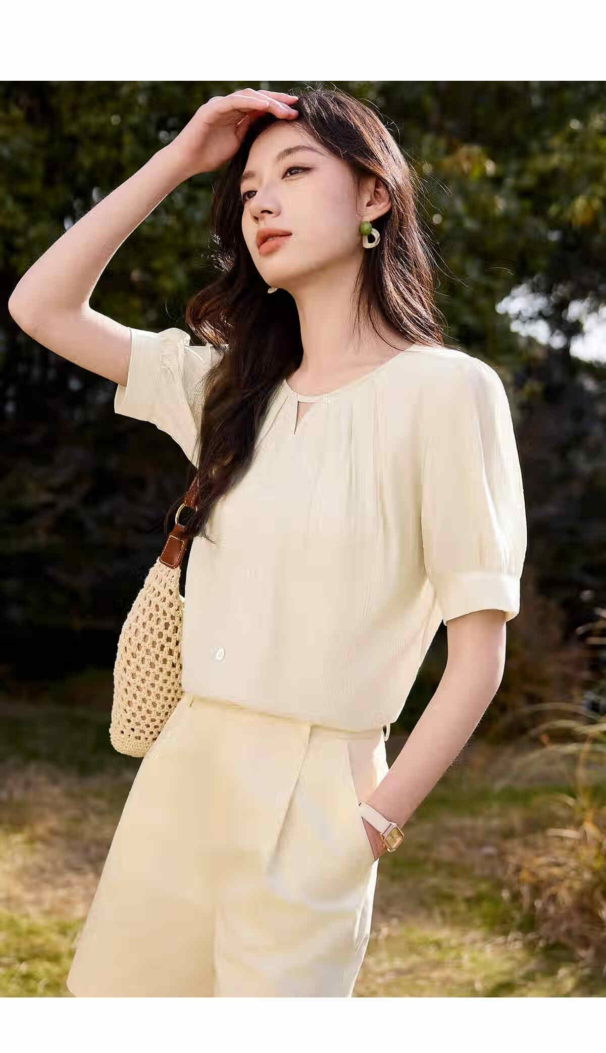 Chushen Summer Women's Short Sleeve Shirt V-Neck Hollow Out Elegant Vacation Style Chiffon Blouse S52X016 20