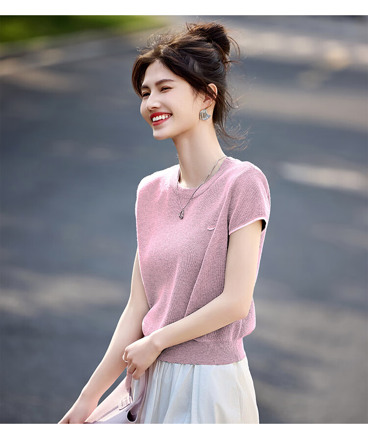 Shangjing Women's Short Sleeve Knit Top Summer New Slim Fit Simple Short T-Shirt for Petite Women 12