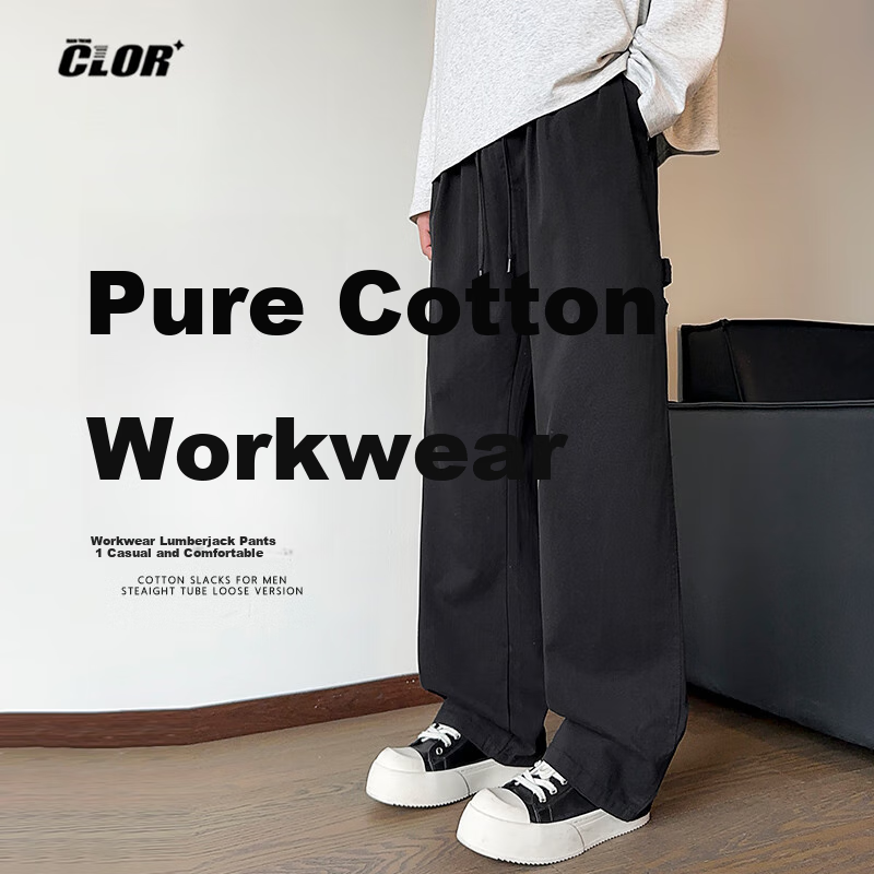 CLOR Japanese-Style Cargo Pants for Men, Spring And Summer Loose-Fit Pure Cotton Vintage Logging Straight-Leg Casual Trousers, CL55 Black XL