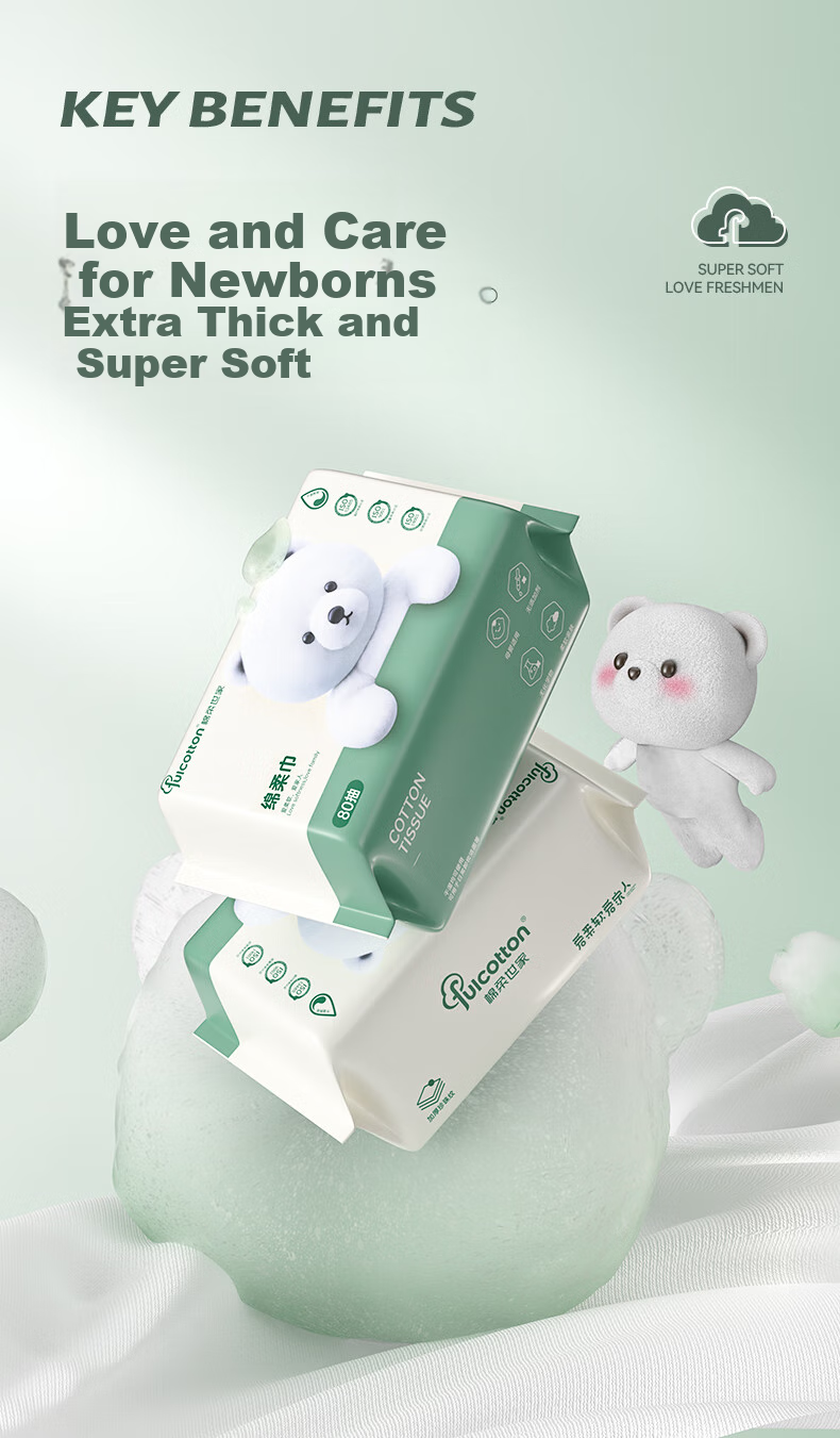 FulCotton Baby Soft Cotton Wipes [80 Sheets * 6 Packs], Facial Wipes, Disposable Face Towels, Pearl Texture, Thickened 2