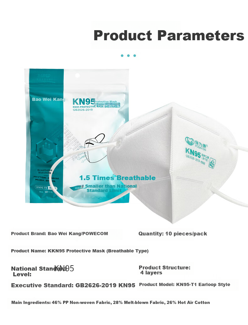 Baoweikang KN95 Mask, 3D Protective Anti-Droplet Bacteria Pollen Dust PM2.5 Anti-Smog Mask, Thin Breathable KN95-T1 (5 Packs 50 Pieces) 8