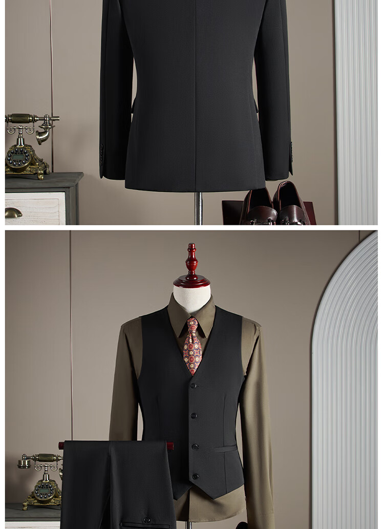 ROMON Men's Business Suit Set [Blazer + Vest + Trousers] Dark Gray 2XL 17