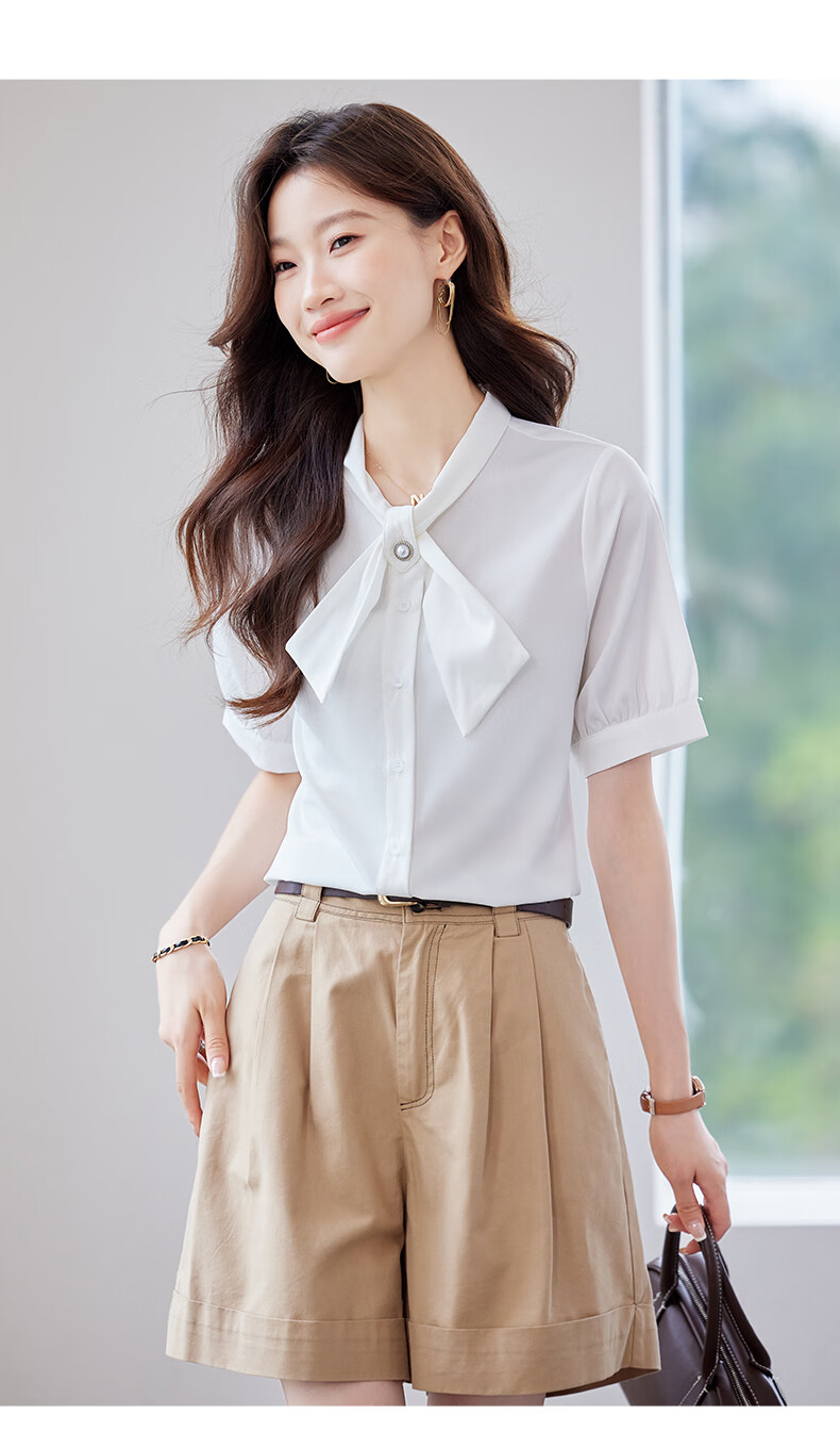 JEANSWEST Women's Summer Short Sleeve Shirt Elegant Versatile Fashion Bowknot Solid Color Formal Top White M 4