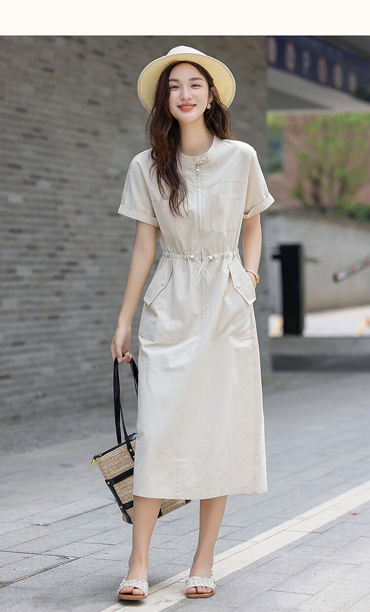 Demana [Healing Pure Cotton] Summer Workwear Style Stand Collar Sleeve Fold Adjustable Waist Petite Women's Dress 8