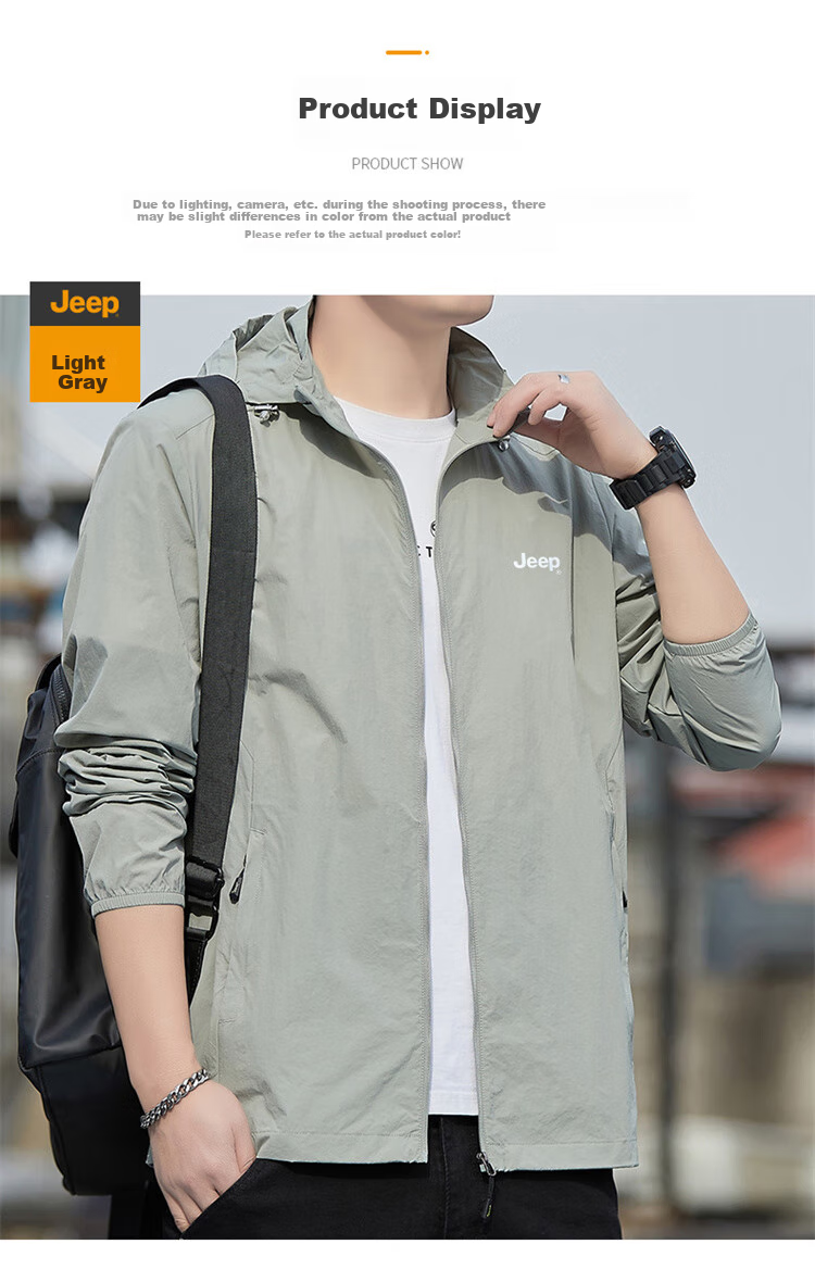 JEEP Men's Sun Protection Jacket, Summer Ice Silk Breathable Skin Coat, Quick-Dry Clothing for Men, Light Gray, Size L 8