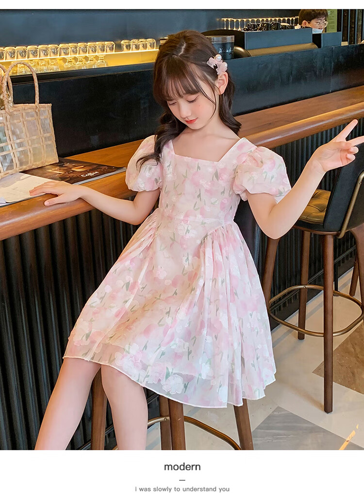Baminuo Girls' Summer Dress, New Korean Style Children's Fashionable Thin Princess Dress for Older Kids, Pink, Size 120 7