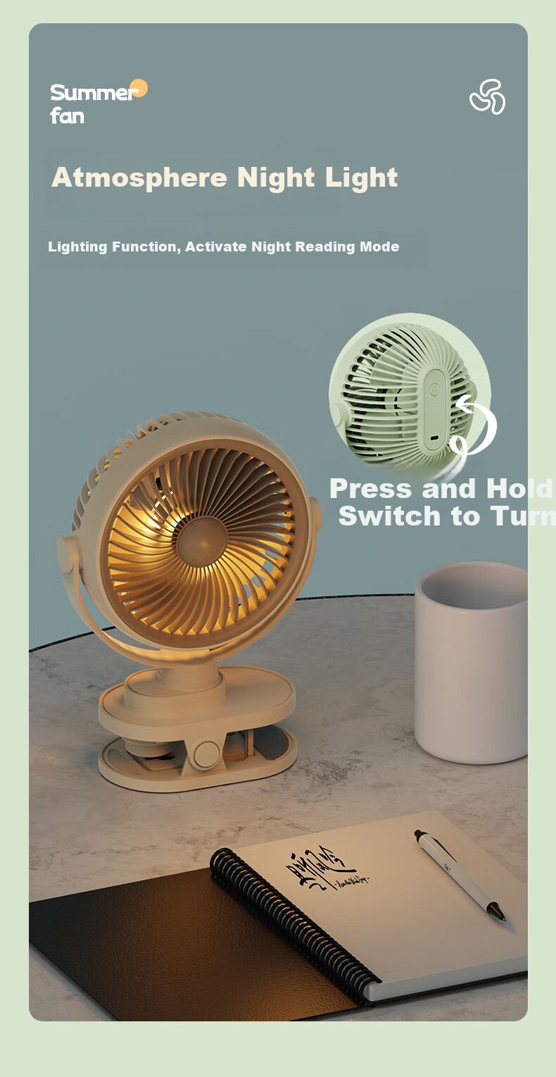 Siyicai Simple Clip-On Light Fan, Cute Student Mini Fan, USB Rechargeable, Dorm Bedside Small Electric Fan, Rotatable YS2539 Bean Green Color 7