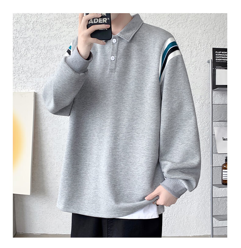 IZEXX Lapel Casual Men's Sweatshirt, Autumn Loose Long-Sleeve POLO Shirt, Versatile Trendy Top, XP13 Flax Gray, Size M 5