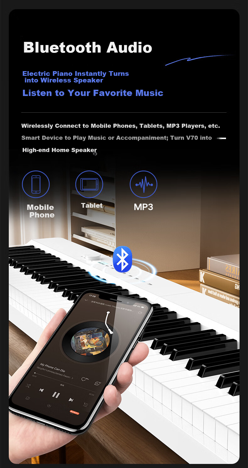 Terence Digital Piano, 88-Key Weighted Hammer Action, Foldable Electronic Piano V70, Portable Digital Piano for Adults And Childre 16