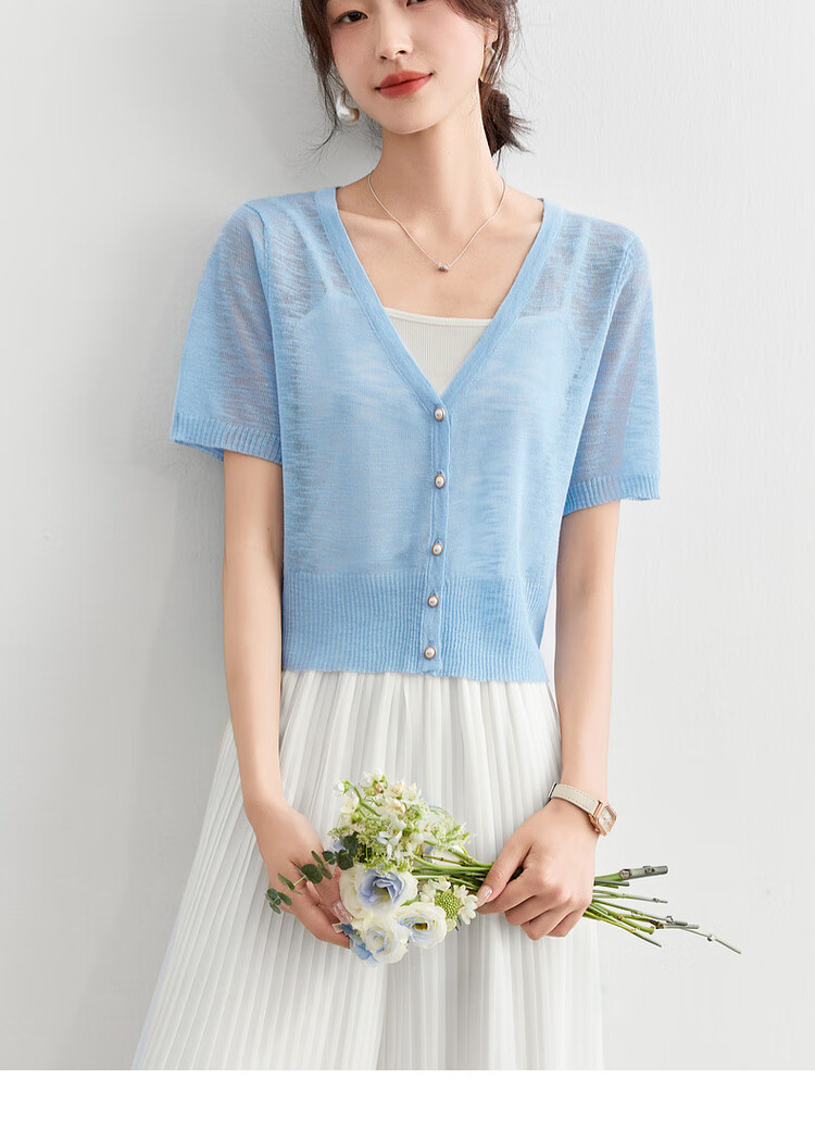 Sentubila Lazy Atmosphere Milk Huhu Refreshing Knit Top for Women, Summer V-Neck Short-Sleeve Cardigan, White, L 20