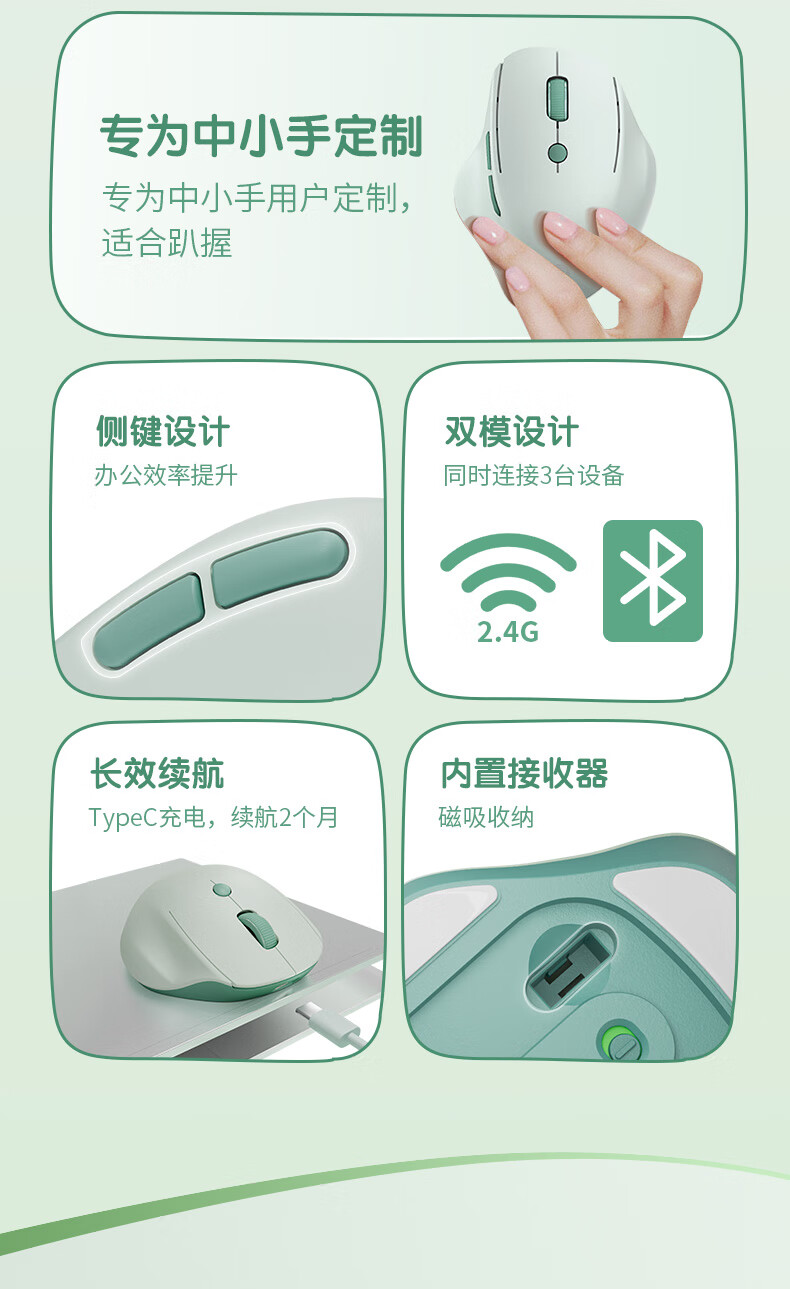 HP Engineer Ergonomic Mouse for Small And Medium Hands, Women's Mouse, Green, Wireless Bluetooth Dual Mode Office Mouse, Blue Shadow Sensor PAW3220 3