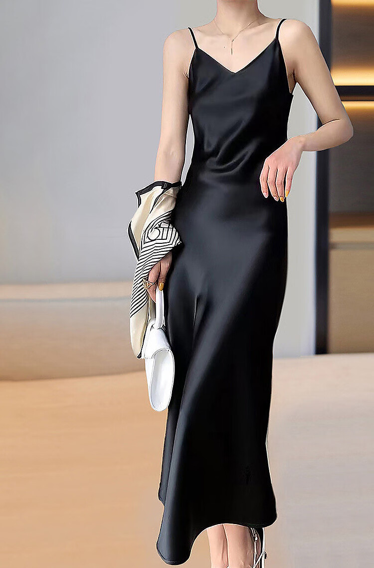Dme [Glossy Satin Spaghetti Strap Dress], Elegant X-Shaped Spaghetti Strap Midi Dress for Women, Spring And Summer 4