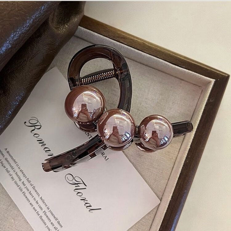 Liqing French Elegant Pearl Shark Clip Hair Claw, High-End Bun Maker, Volumizing Back of Head Hair Clip for Women, Deep Brown, Approximately 8cm 6