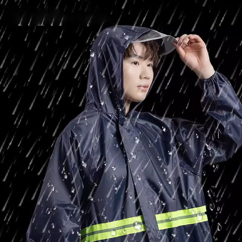 Mashifu One-Piece Long Raincoat, Thickened Oxford Fabric Heavy Rain Protection Workwear Raincoat, Outdoor Patrol Reflective Strip Long Rain Poncho [Front And Back Reflective Strips], Zipper Style Navy Blue, One Size Fits All