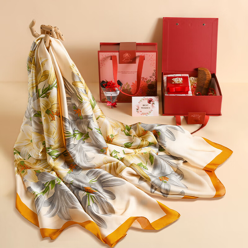 Hangsifu Silk Scarf for Women, Summer Shawl, Outer Wrap Scarf Set, Practical Birthday Gift for Mom, Elders, Wife, Mid-Autumn Festival