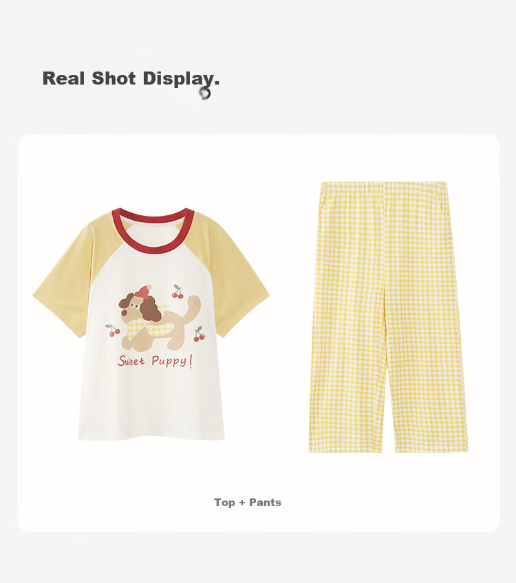 Yunxiangyi Children's Pajamas, Spring And Summer Breathable Modal Cherry Blue Plaid Dog Girl's Sleepwear, Wearable Outside, Loungewear, Size 16 13