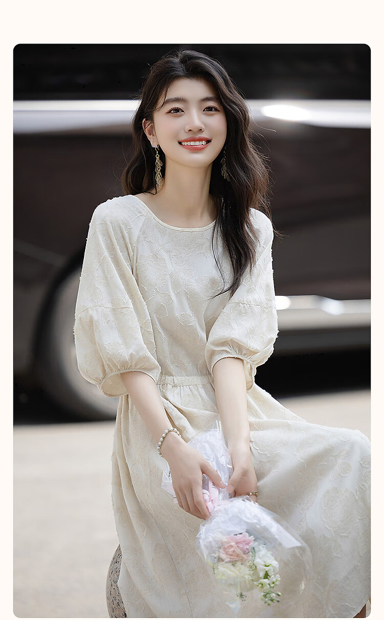 Demana Heavy Embroidered 3D Cutwork Summer French Style Lightweight Loose Mid-Length Women's Dress with Drawstring and Half Sleeves 3