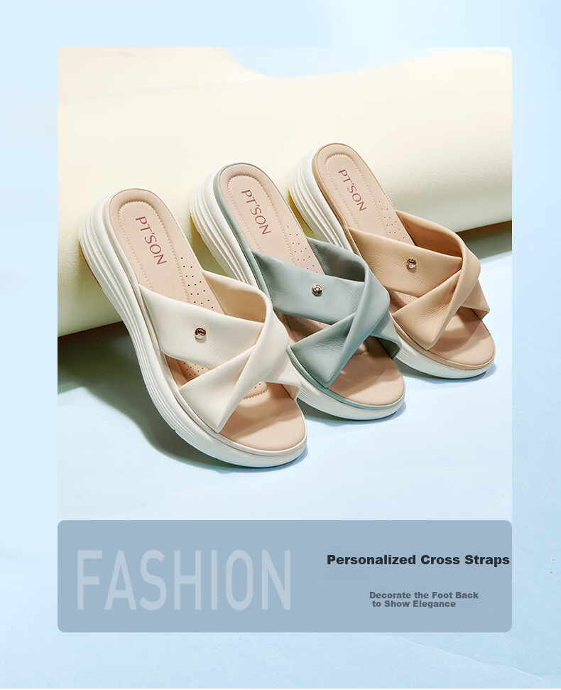 PT'SON Sheepskin Soft Sole Slippers for Women, Beach Sandals, Summer Thick-Soled Sandals, Versatile Outdoor Wear, Beige, Size 37 6