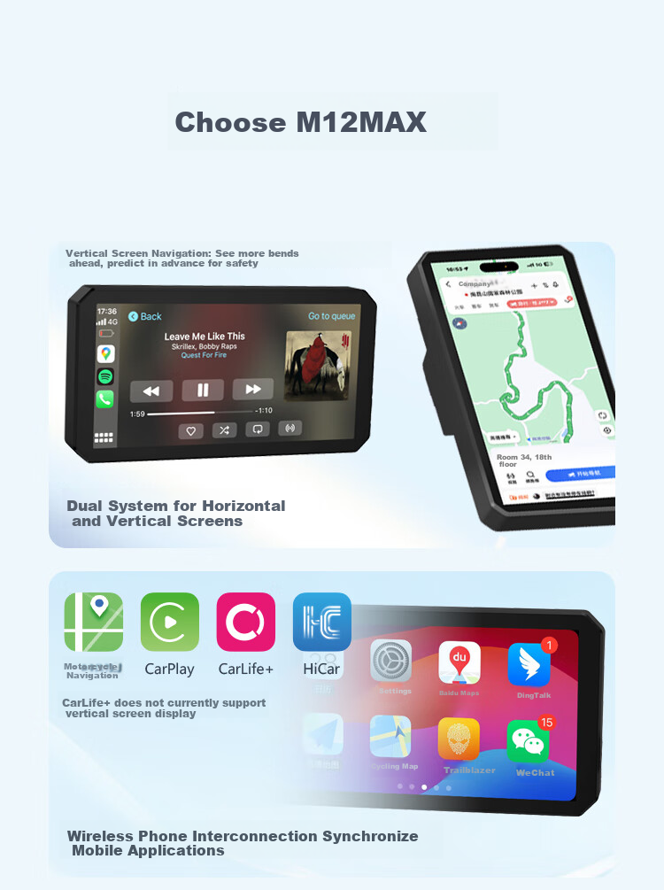 Tupozhe M12-ProMax Motorcycle Dash Cam, Smart Car System for Motorcycles, Dedicated Navigation, Wireless Screen Casting Host + Dual Cameras + Tire Pressure + Radar 1