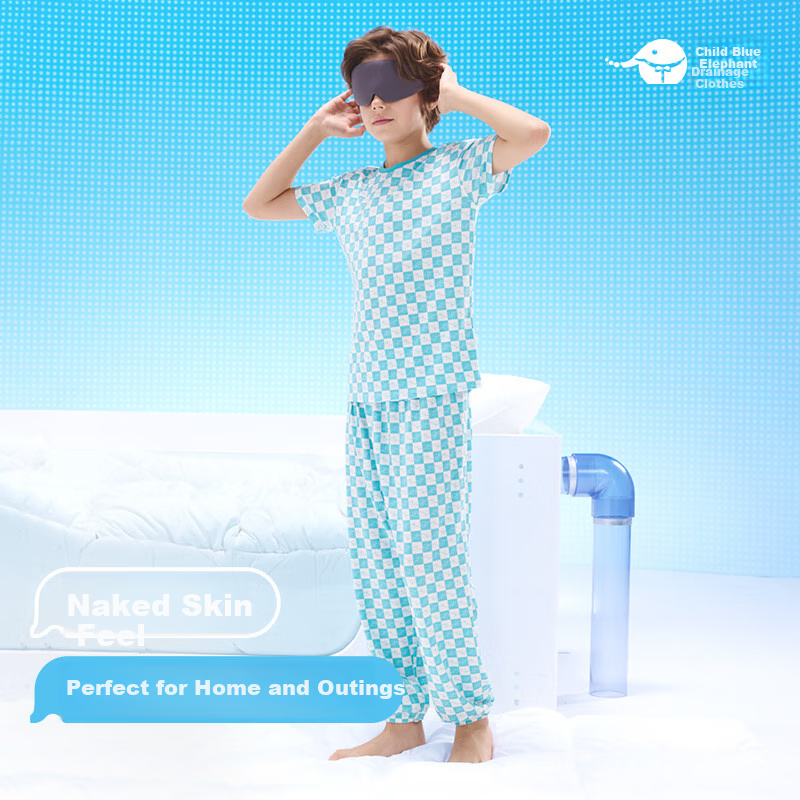 Hinos Children's Quick-Dry Short-Sleeve T-Shirt And Long Pants Set for Boys And Girls, Indoor Home Wear, Pink And Blue Checkered Pattern (Short T-Shirt), Size 100