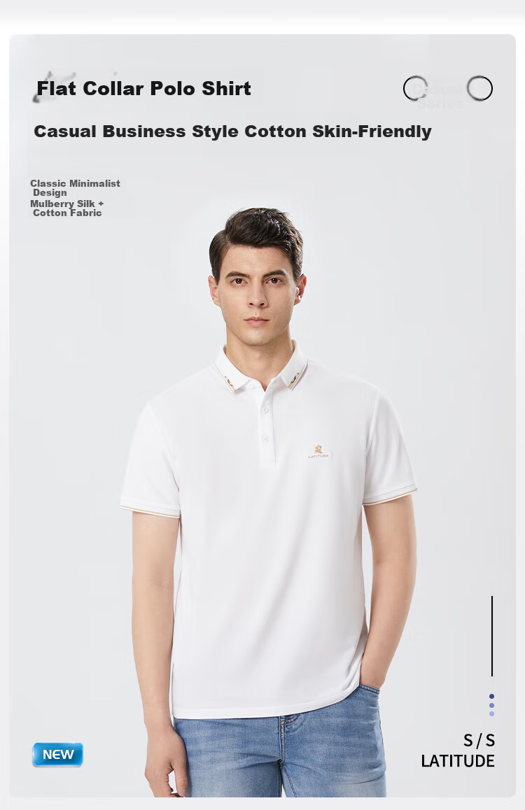MONTAGUT Summer Men's Polo Shirt with Mulberry Silk, Business Embroidery Casual T-Shirt, White, 3XL 4