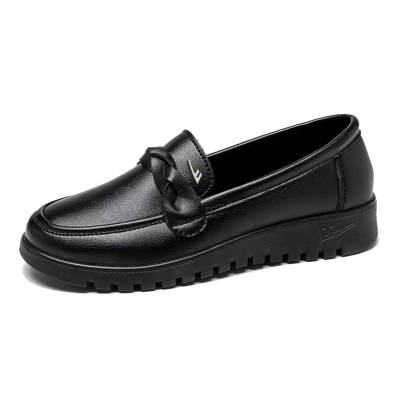 Huili Mom Shoes, Single Shoes, Non-Slip, for Middle-Aged And Elderly, Soft Sole, Warm, Autumn And Winter, Middle-Aged Women's Fleece-Lined Leather Shoes, 1311 Black, Size 34