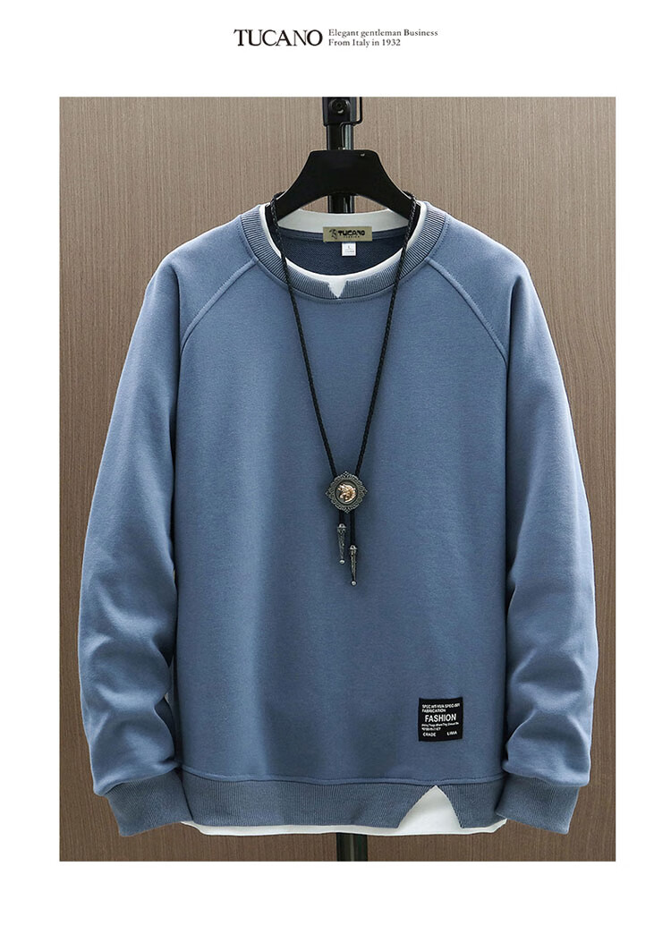 TUCANO Men's Sweatshirt Spring Autumn Loose Fit Crew Neck Casual Long Sleeve T-Shirt Fake Two-Piece Top Mist Blue 2XL 1