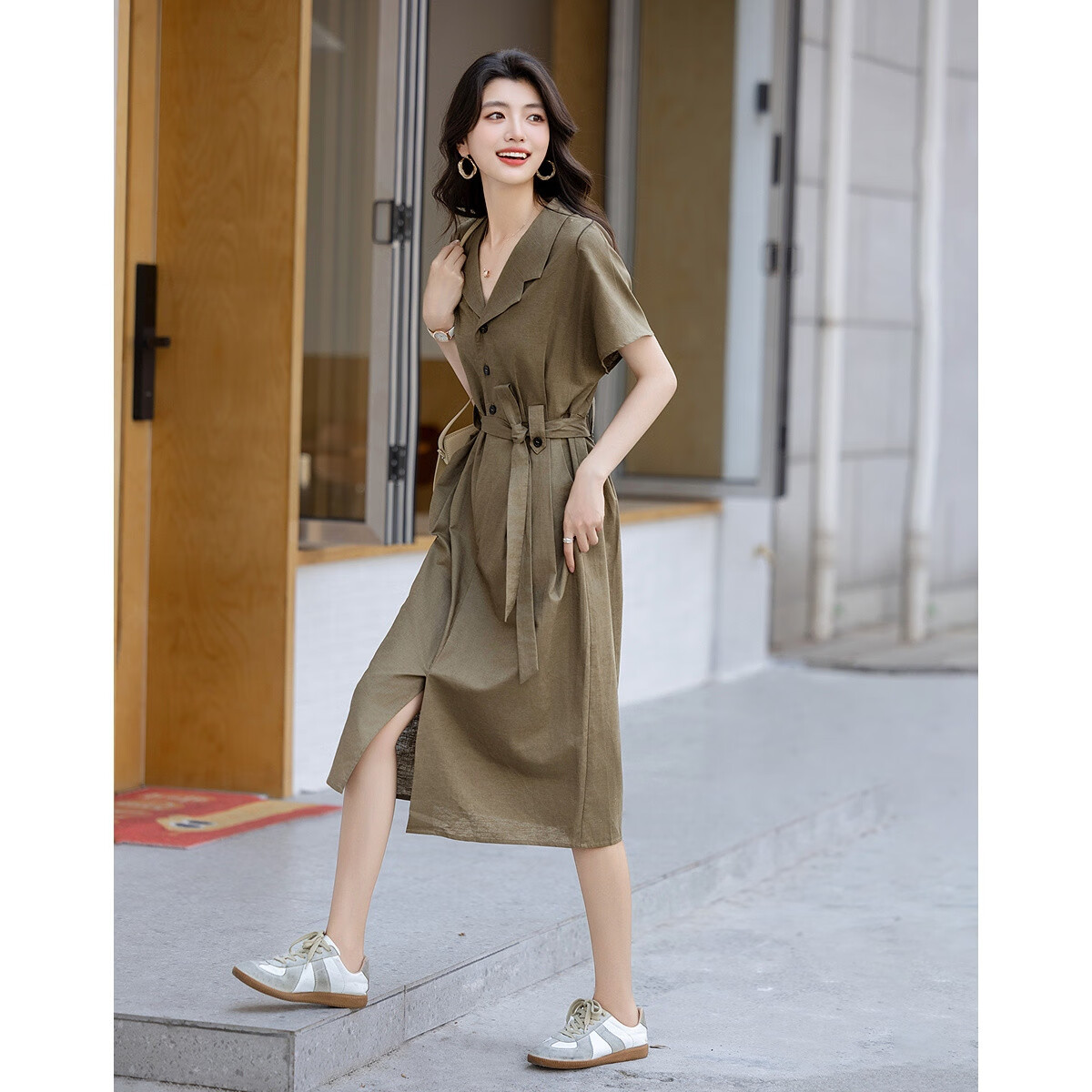 Dme [Smooth Linen Cotton Bamboo Blend] Summer Elegant Office Wear Lapel Tie Three-Button Short-Sleeve Women's Dress
