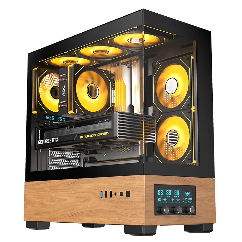 AOC CG429 Smart Control Display Desktop Gaming Wood Grain Seaside House Case Supports ATX Motherboard, 360mm Water Cooling, Graphics Card Length Limit 410mm, 9 Fan Positions