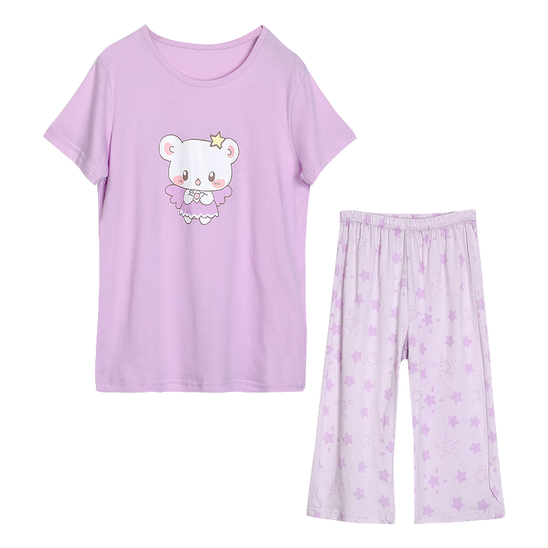 Hodohome Children's Pajamas, Girls' Pure Cotton 7A Antibacterial Short-Sleeve Capri Pants, Home Wear, Cartoon Air Conditioning Suit for Girls, 308 Purple, Size 140