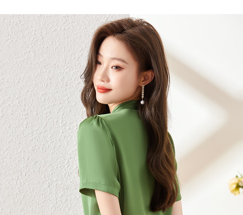 Jeanswest Women's Short-Sleeve Shirt, Summer 2026 Blouse, Fashionable French Chic Chiffon Top, Green, Size S 13