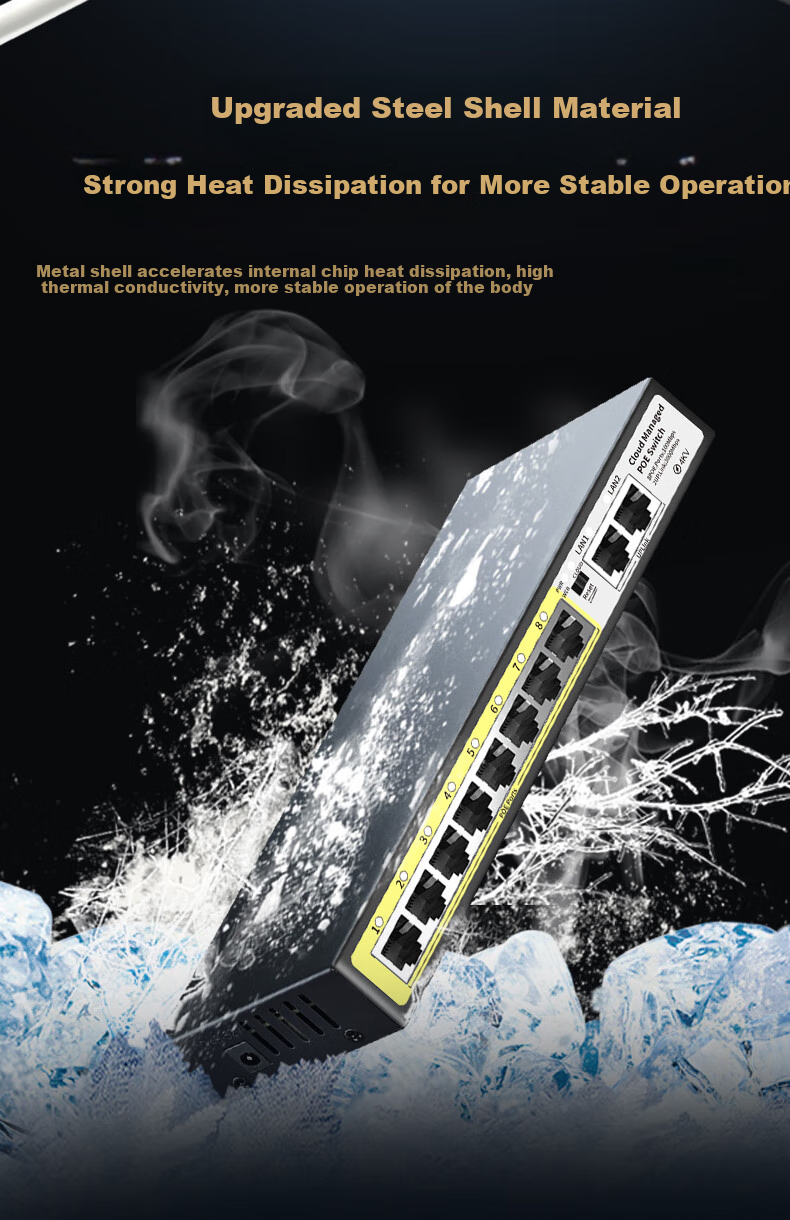 Huoyi 10-Port Gigabit POE Switch, 8 Gigabit PoE + 2 Gigabit, Managed Switch, Surveillance Network Cable Splitter, Enterprise-Level Switch, Splitter 10