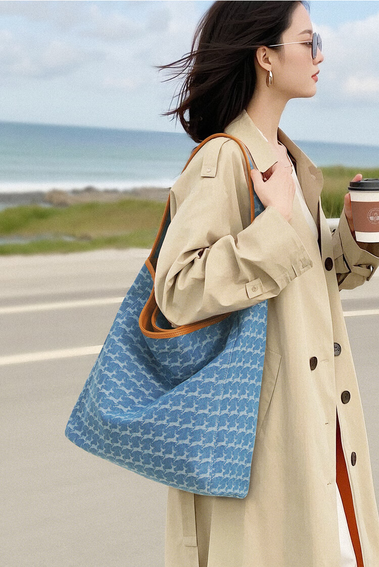 Mood Autumn And Winter Large Capacity Tote Bag for Women, Denim Canvas Lightweight Commuter Shoulder Underarm Bag, Birthday Gift Versatile Blue 35
