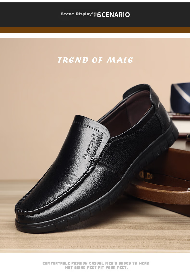 PLAYBOY Men's Shoes, Spring And Autumn New Style, Middle-Aged And Elderly Dad Shoes, Slip-On Men's Shoes, Business Casual Leather Shoes, Black, Size 45 9
