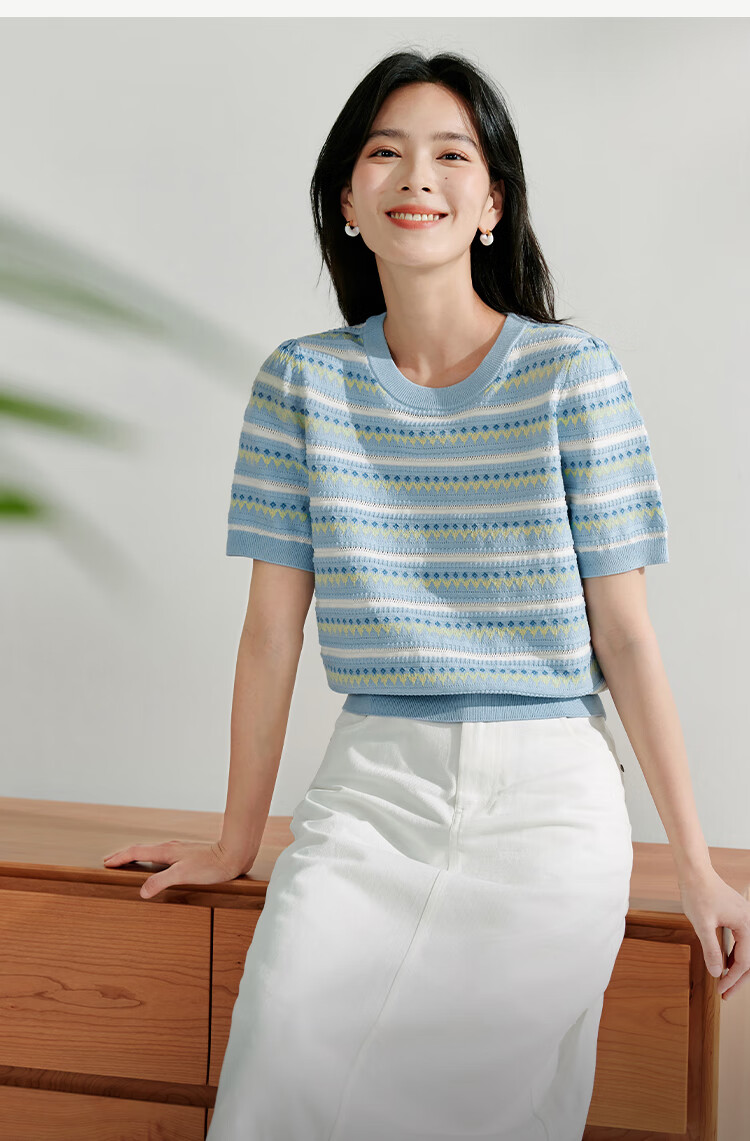 INMAN [Showroom Style] Suoluna Cool-Feeling Striped Short-Sleeve Women's Top, Summer 2026 Knitted Sweater, Yellow, Size L 12