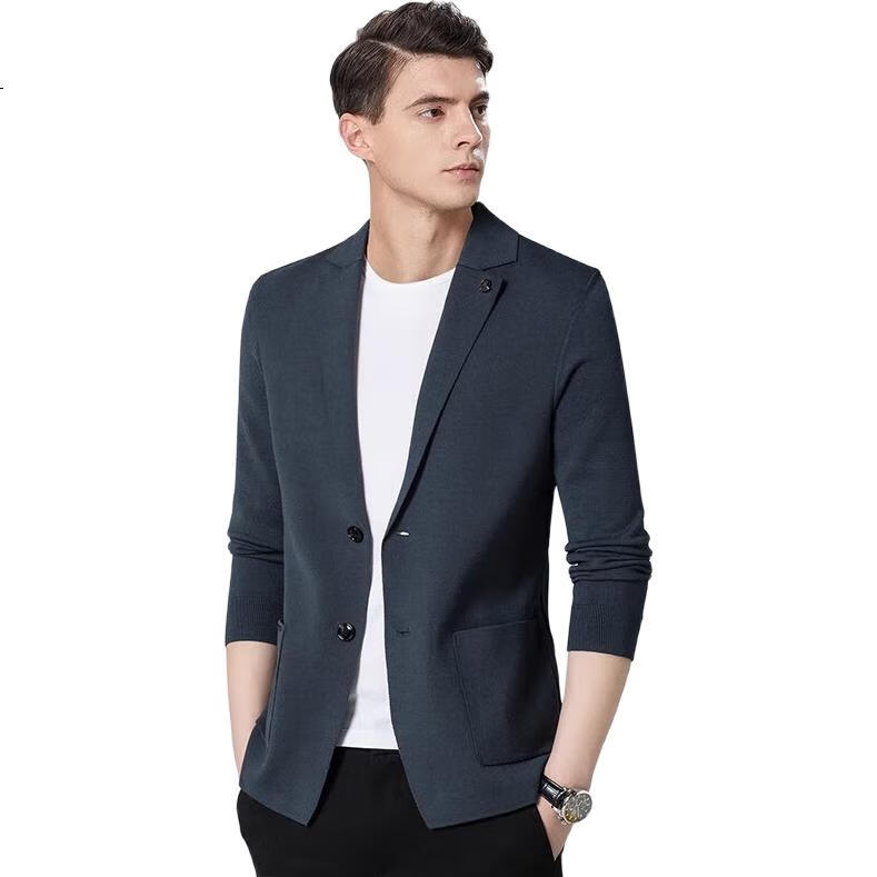 MONTAGUT Spring And Autumn Men's Knitted Suit Jacket, Business Casual Comfortable Slim-Fit Blazer, Shrimp Blue, Size 48
