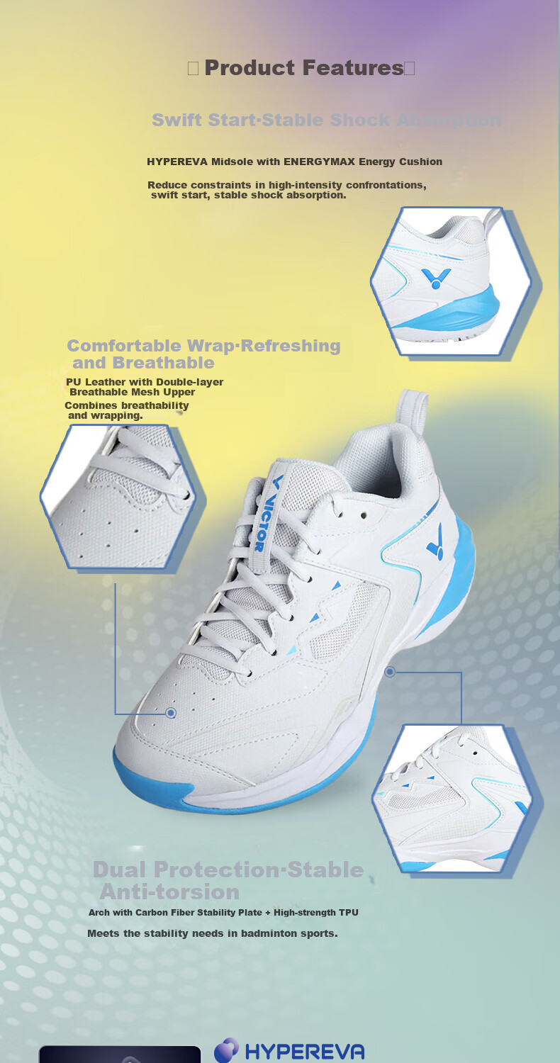 VICTOR Victor Badminton Shoes Shock Absorption Breathable Sports Shoes P9200NTD White/Feather Blue Size 43 3
