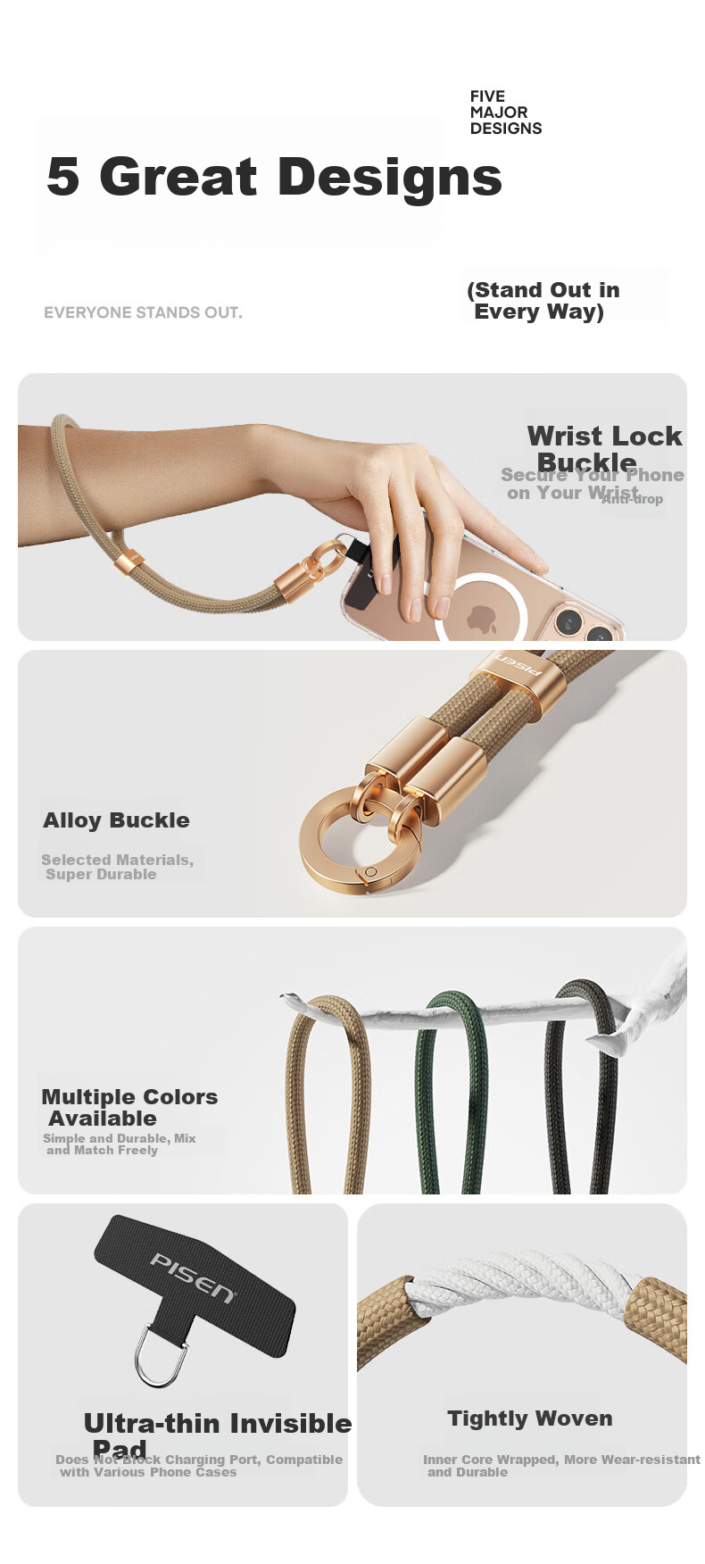Pisen Phone Lanyard, Wrist Anti-Theft Anti-Loss Anti-Drop Strap with Clip Pad Patch, Adjustable Outdoor Accessory for Men And Women, Suitable for Apple 16 Huawei Mate 70 Xiaomi, Black 1