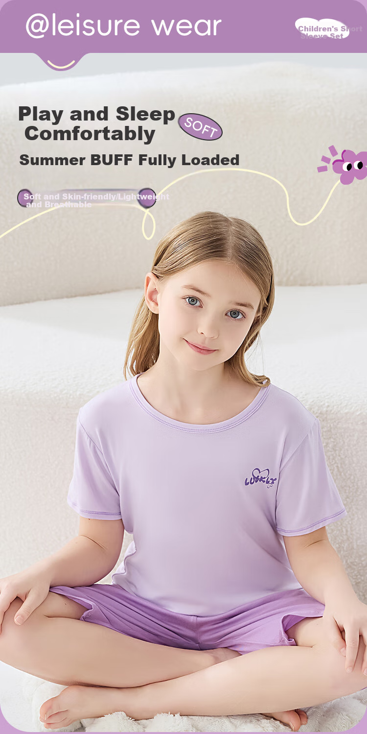 LangSha Children's Pajamas for Girls, Summer Thin Comfortable Breathable Short-Sleeve Sleepwear, Home Wear Set for Older Children, Purple, Size 160 1