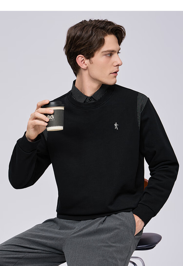 DANCING WOLVES False Two-Piece Striped Patchwork Shirt Collar Pullover Sweatshirt for Men Comfortable Commuter Pullover 001 Black 2XL 3