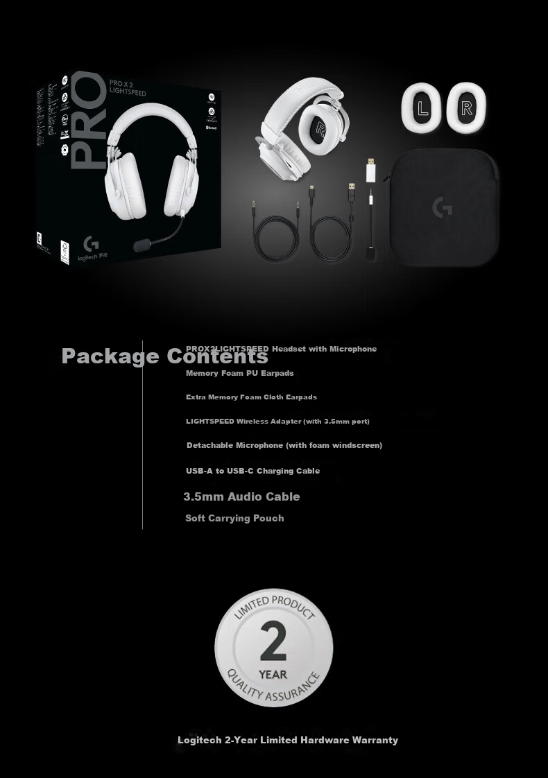 G PROX2 Wireless Bluetooth Tri-Mode Gaming Headset, E-Sports Headphones with 7.1 Surround Sound, Computer Over-Ear Headphones for Sound Positioning, GPX2 Second Generation, White, JDG Bundle 5