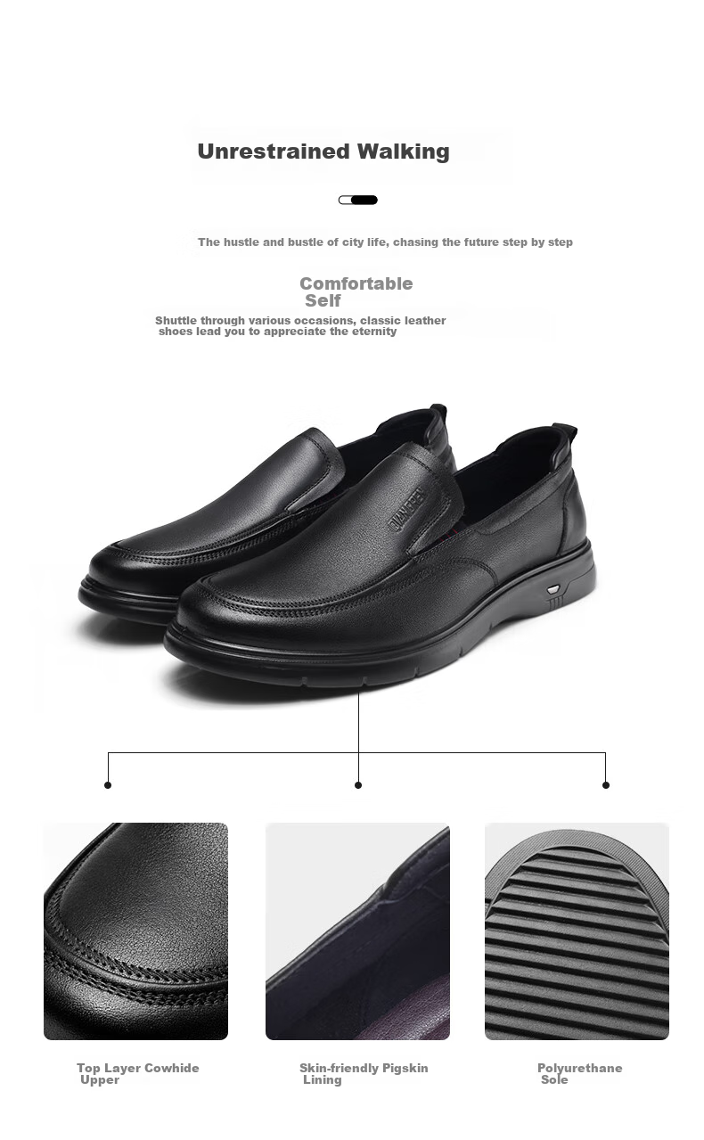 Qiangren Large Size Men's Shoes, Top-Grain Leather, Extra Large Size Leather Shoes, Slip-On Business Casual Shoes, JDA5128, Black, Size 48 4