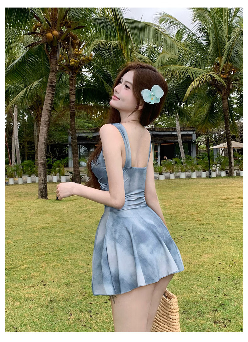 DK Swimsuit for Women, New Style, Slimming Tie-Dye Hot Girl Style, Halter Neck Dress-Style, Slimming One-Piece Swimwear for Curvy Figures 11