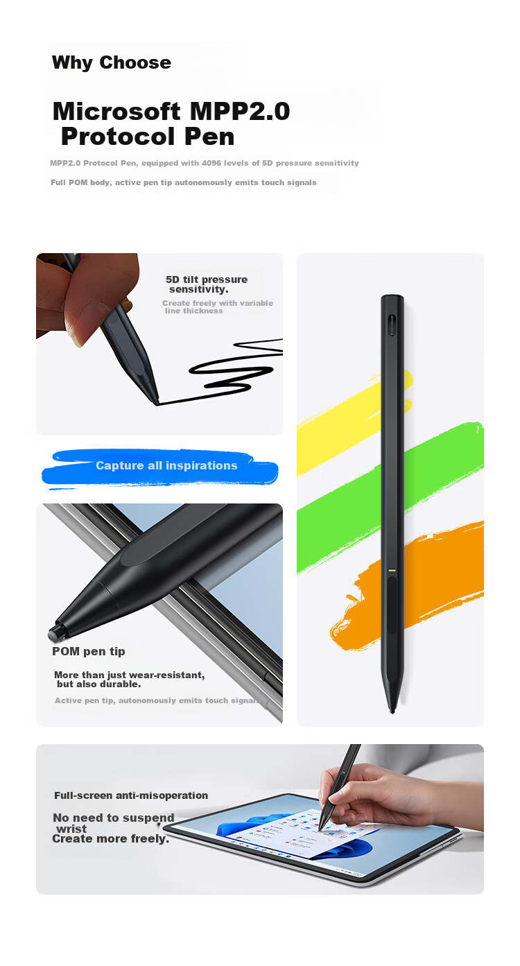 CangHua Compatible with Surface Pen, 4096-Level Pressure Sensitivity, MPP2.0, for Microsoft Tablets Pro 12/11/10/9/8/X/7/6/5/4/Go2/3, Capacitive Stylus, Handwriting Pe 2