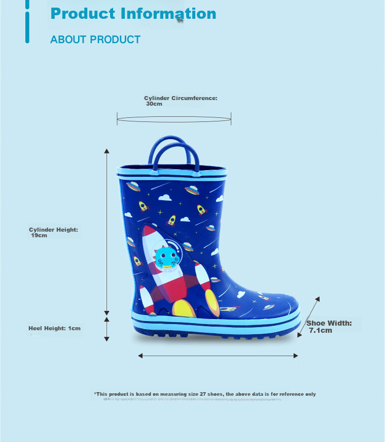Youxi Children's Rain Boots, Boys' Rocket Rain Shoes, Non-Slip Wear-Resistant Baby Kindergarten Water Shoes Rubber Shoes, Size 27 for Ages 3-6 2